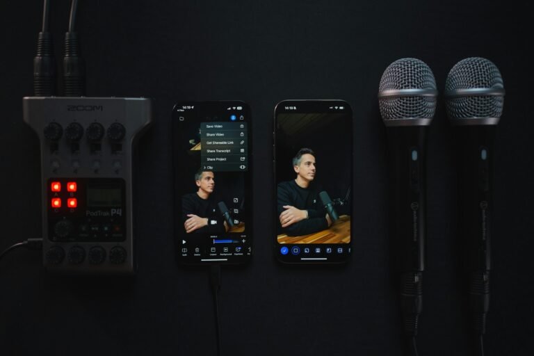 Phones, microphones and an audio recorder on a dark desk, illustrating Pixel Recorder files now showing up in file manager apps