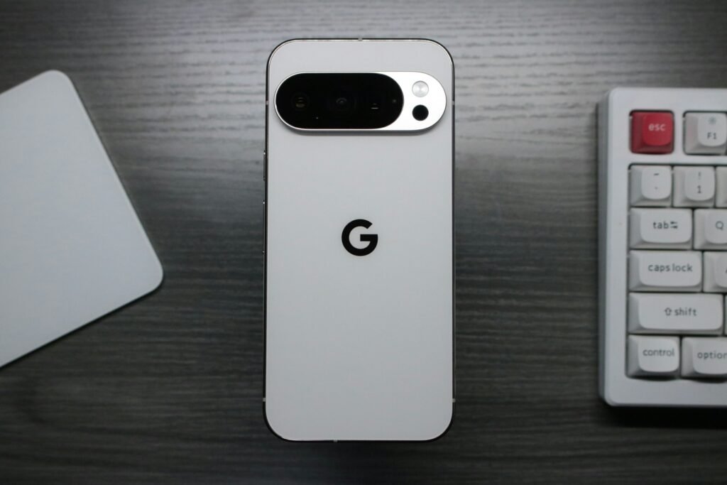 A white Google Pixel phone showing its camera bar and Google logo, used for our Pixel 11 Pro review