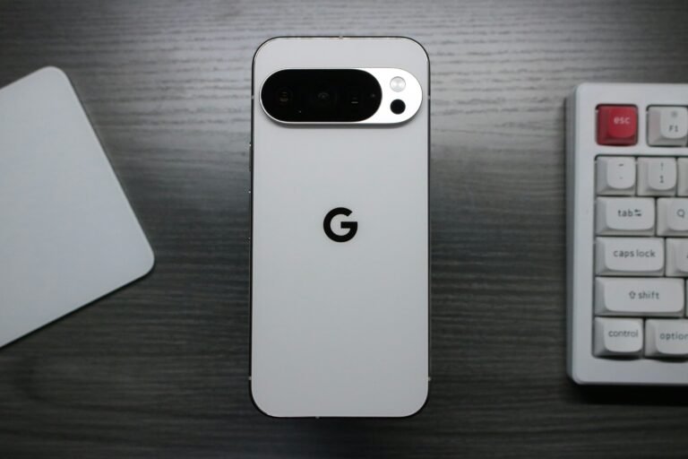A white Google Pixel phone showing its camera bar and Google logo, used for our Pixel 11 Pro review