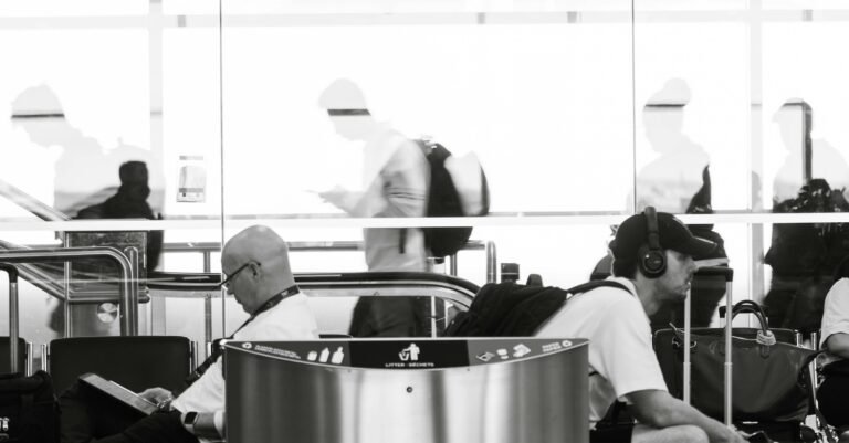 Travelers waiting in an airport terminal, where Google Wallet digital IDs can be used at some TSA checkpoints